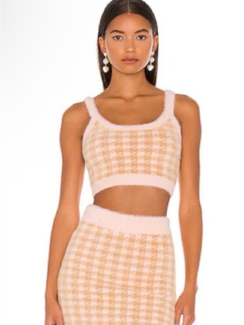 For Love and Lemons M fuzzy Houndstooth Crop Top & Skirt Set - Pink & Tan NWT